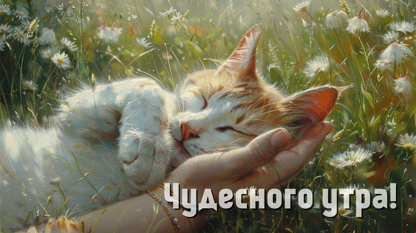 Рыжий кот спит в руке человека на лугу.