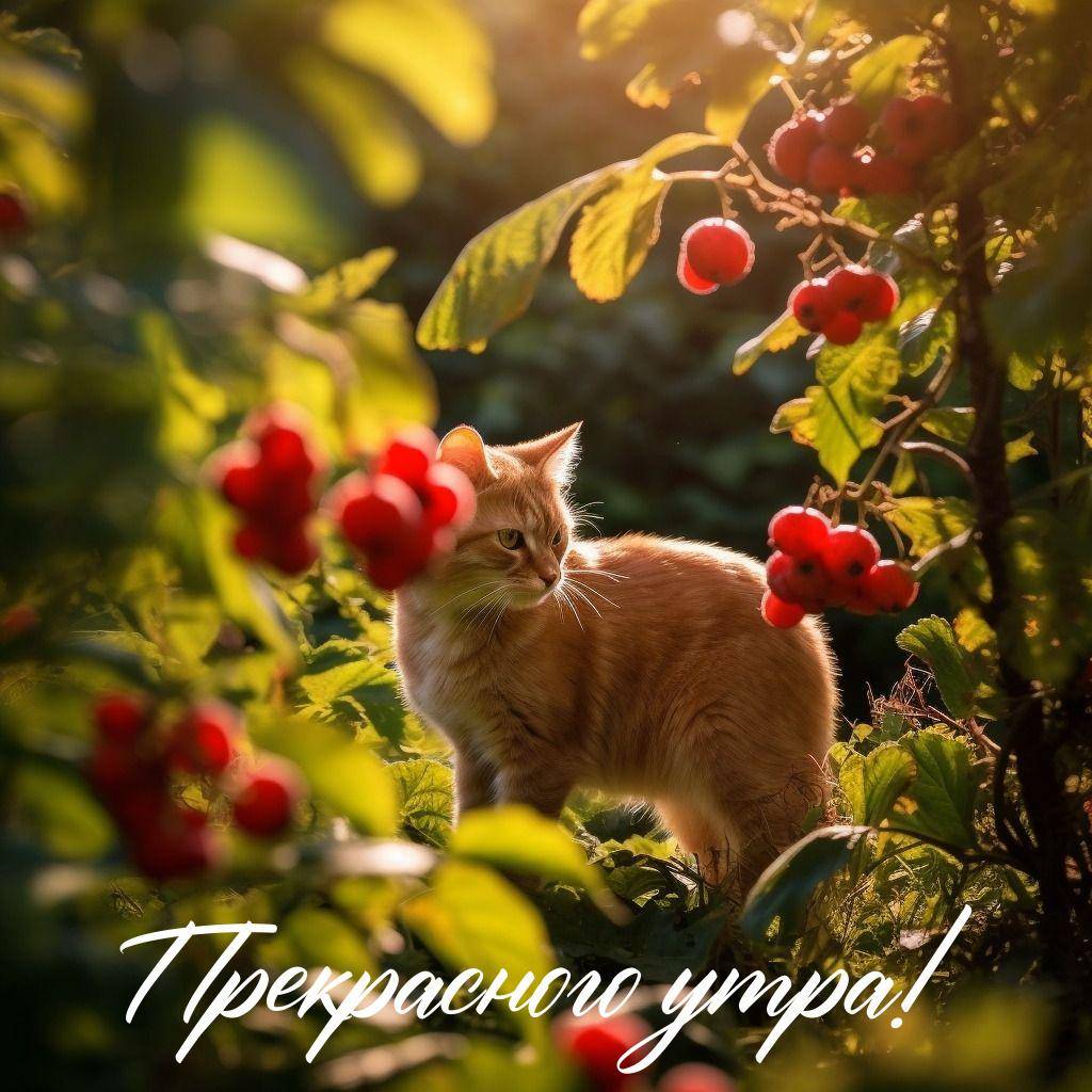 Рыжий кот среди зелёных растений с красными ягодами