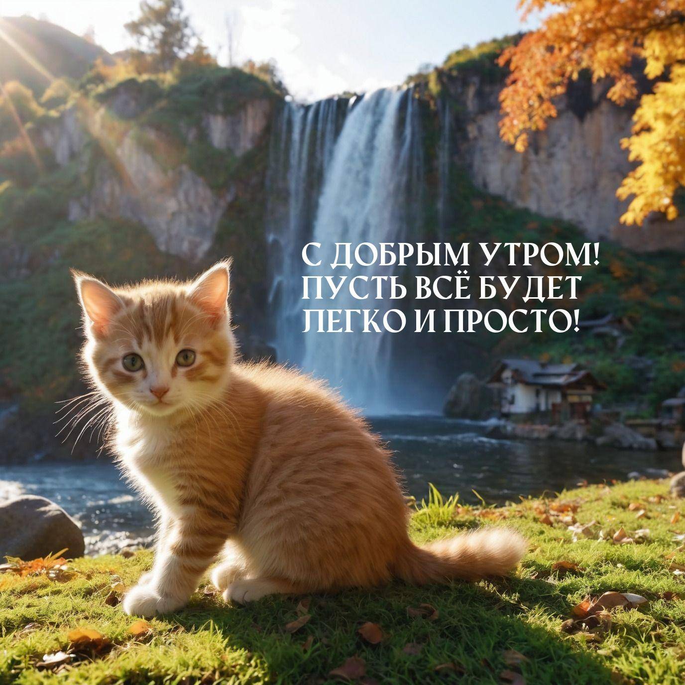Рыжий котёнок на траве перед водопадом
