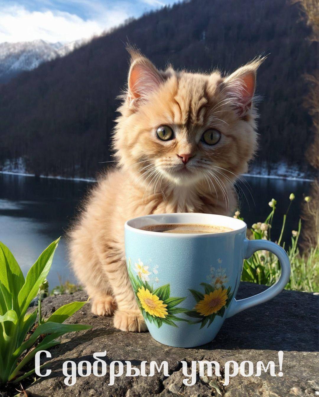 Рыжий котёнок у кружки с кофе
