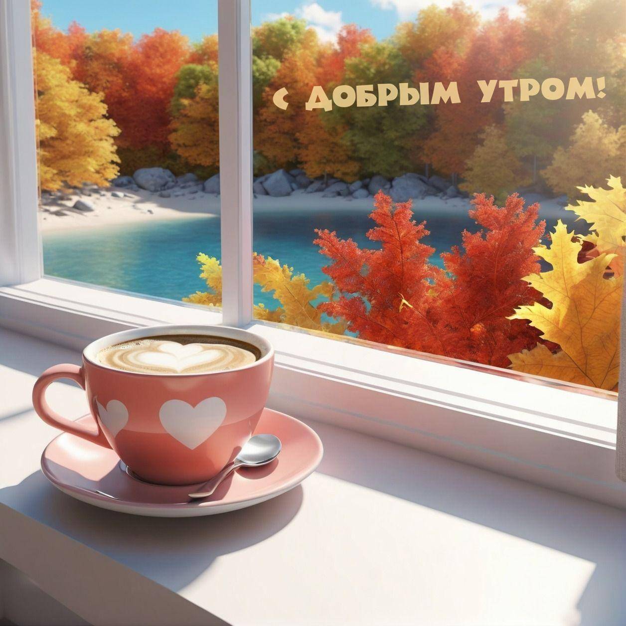 Розовая чашка с кофе и сердцем на подоконнике