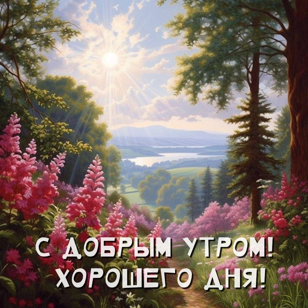 Розовые цветы на фоне гор и озера