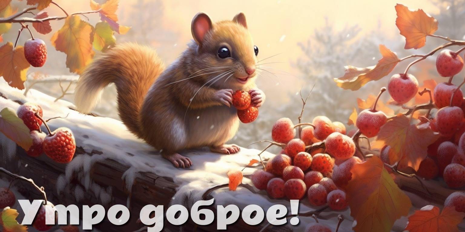 С первыми лучами солнца бурундучок держит ягоду на ветке