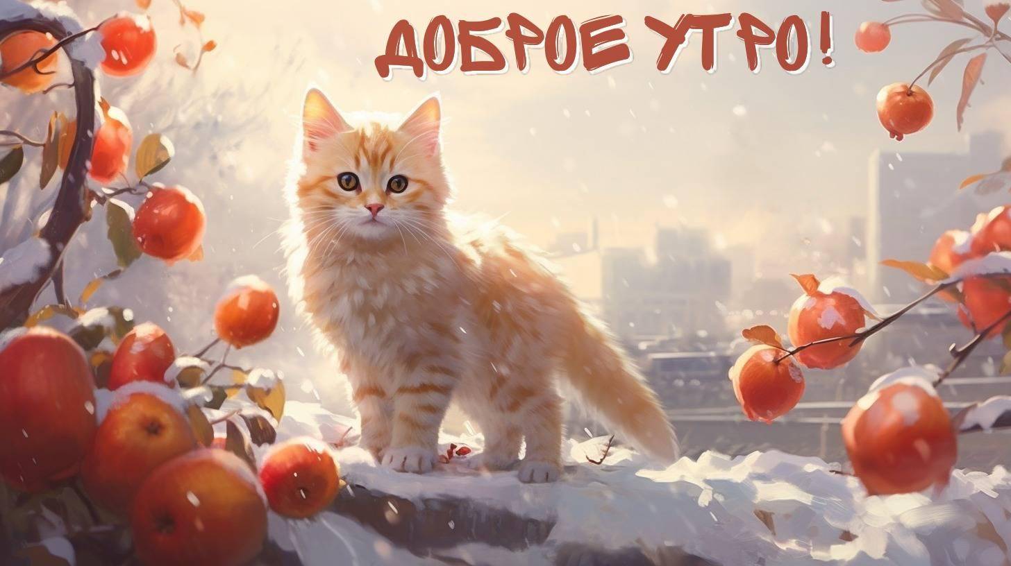 С первыми лучами солнца котёнок на ветке, яблоки на деревьях
