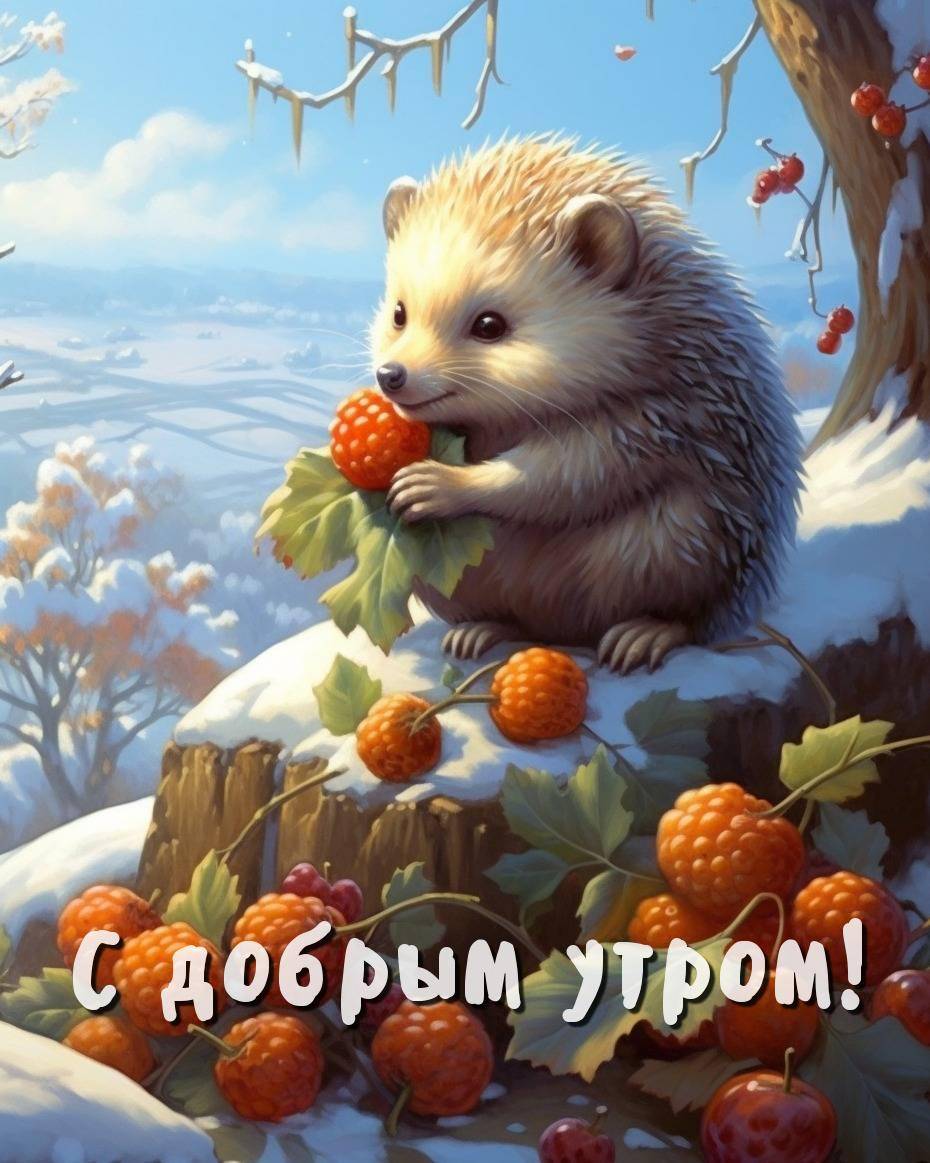 С первыми лучами утреннего солнца, ежик в зимнем лесу