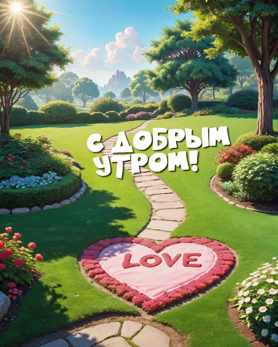 Сад с сердечком из цветов и надписью LOVE