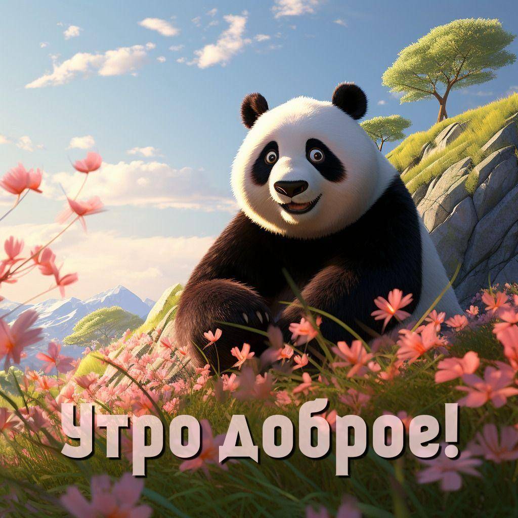 Счастливая панда на лугу с цветами