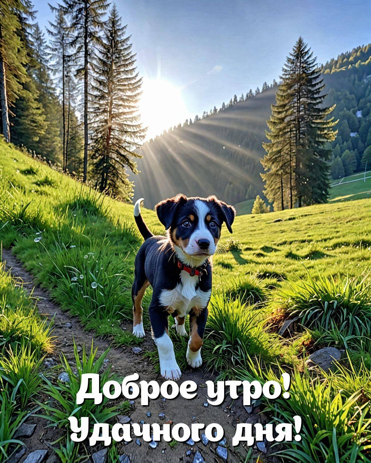 Щенок идёт по тропинке через луг