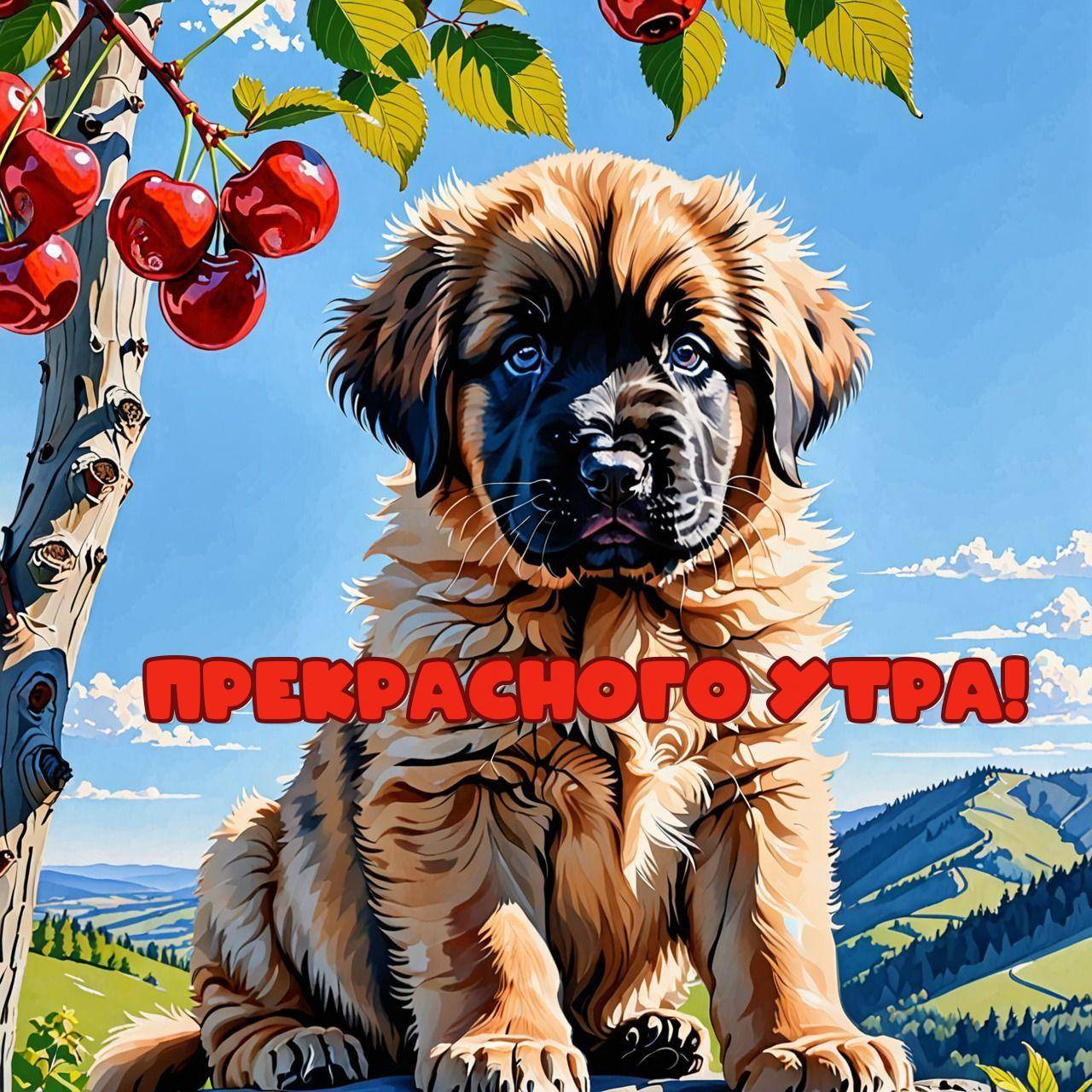 Щенок на фоне живописного пейзажа с вишневой веткой