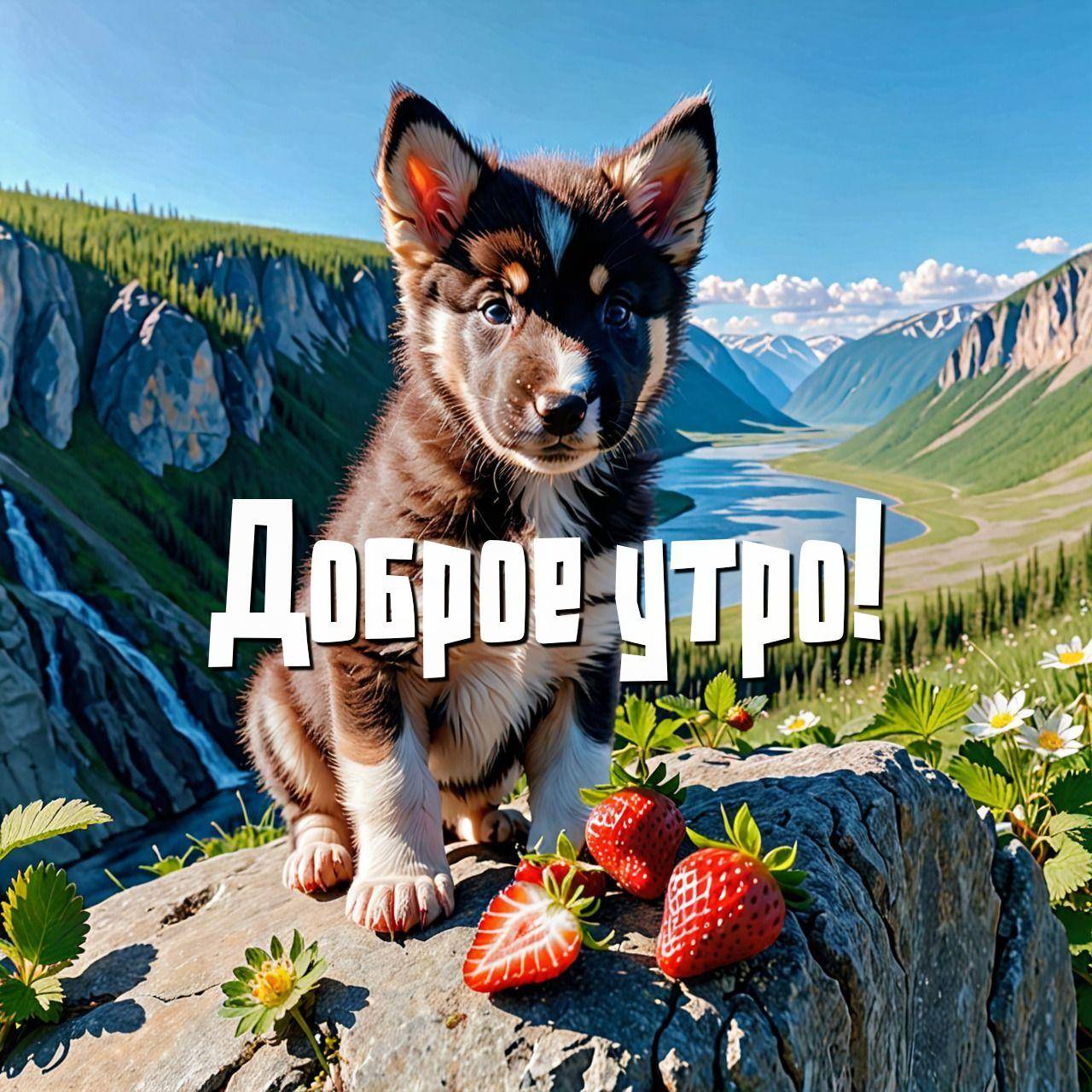 Щенок на камне с клубникой