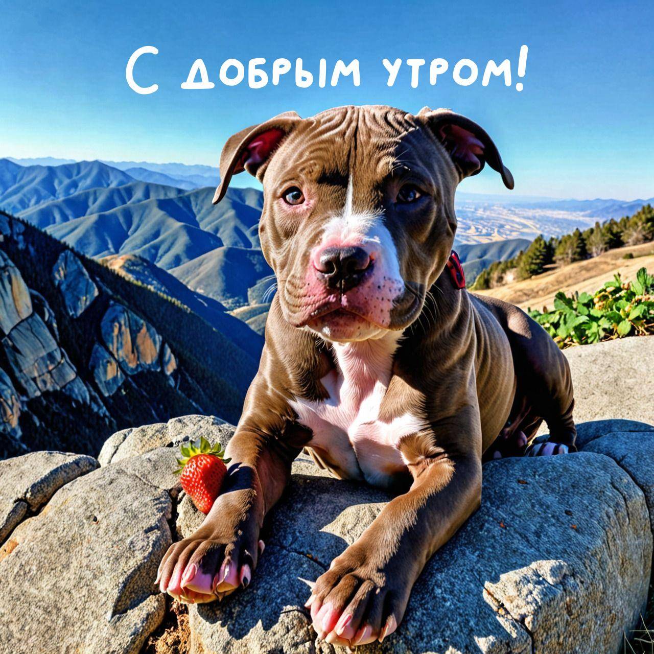 Щенок на камне с клубникой на фоне гор