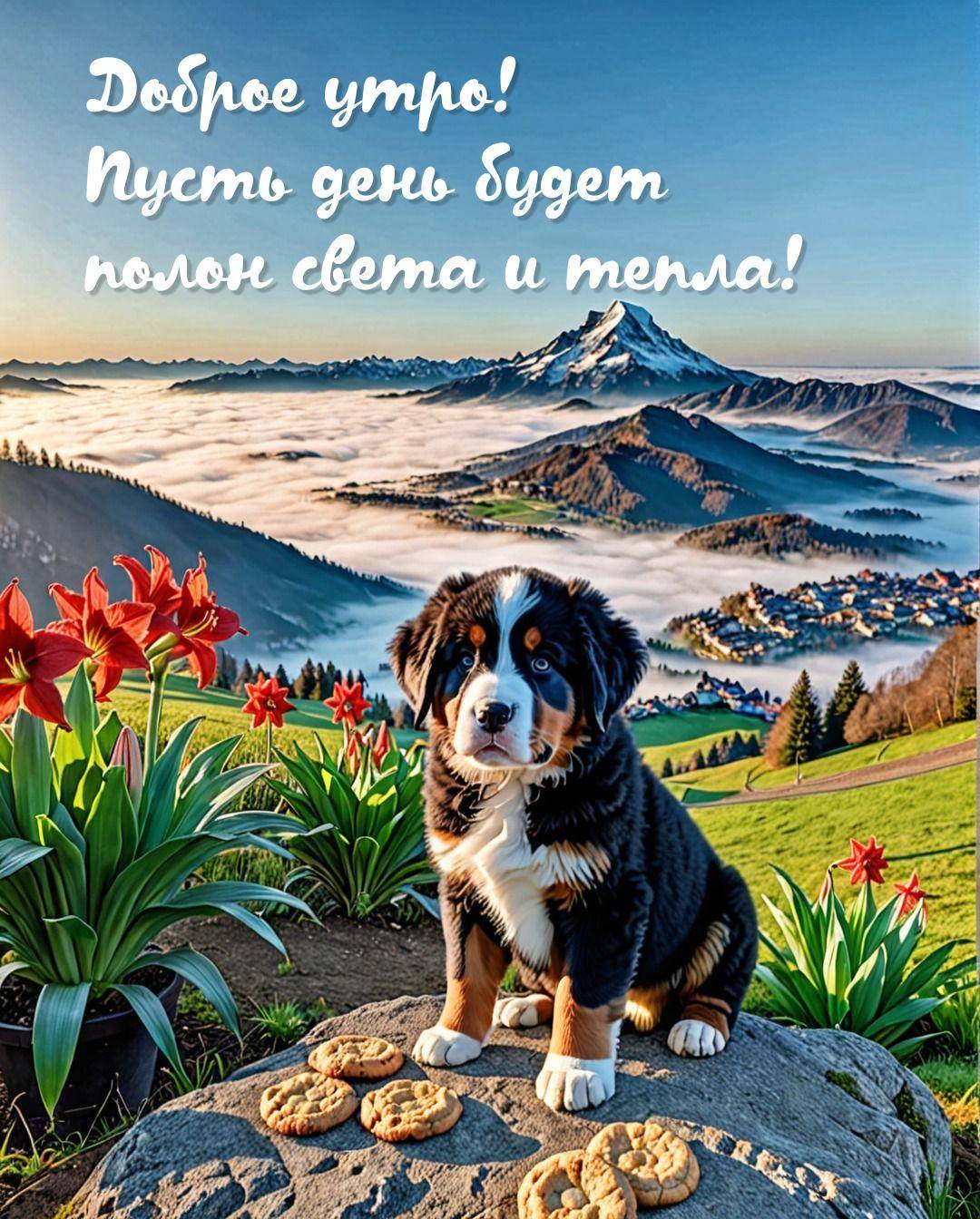 Щенок на камне с печеньем и цветами