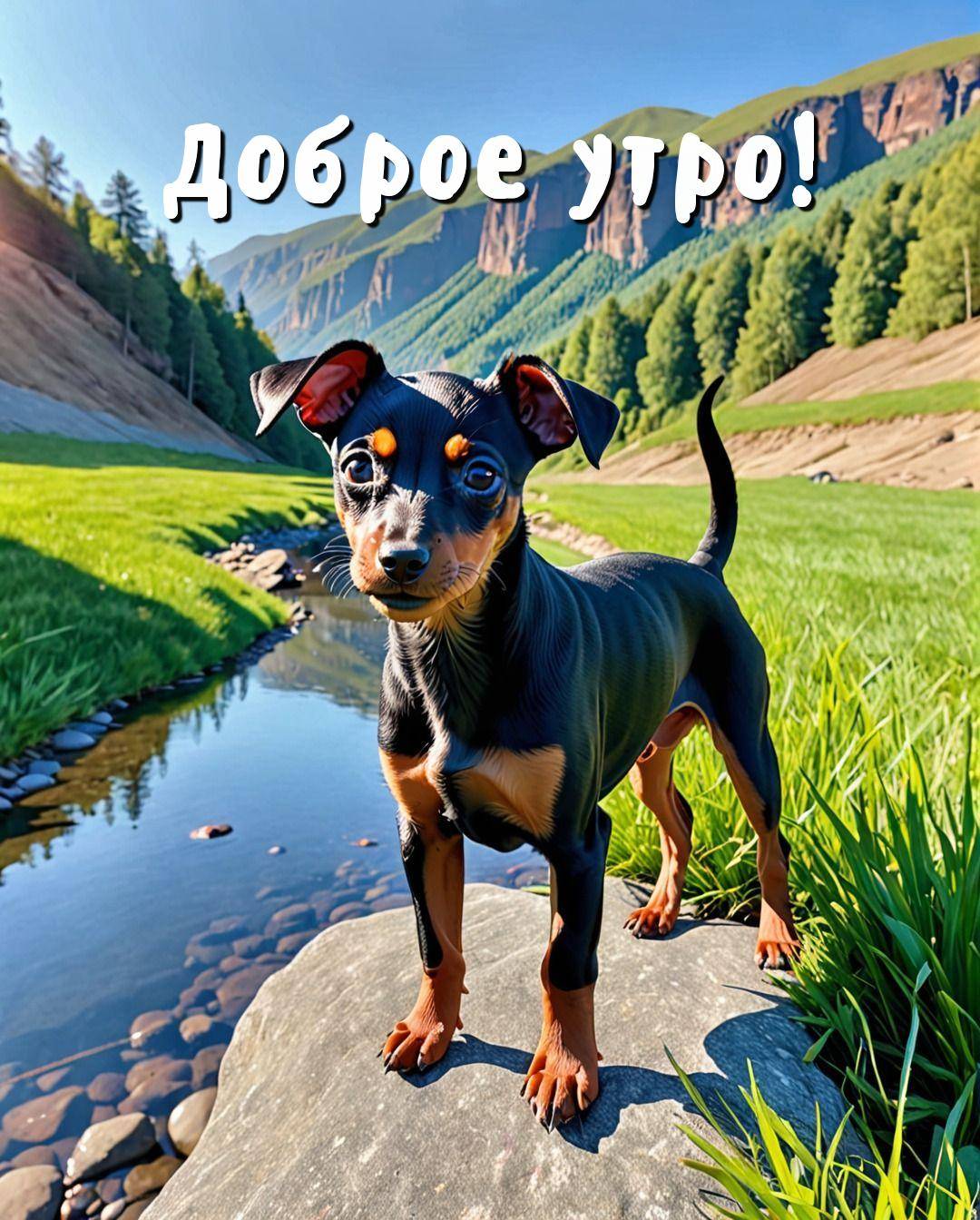 Щенок на камне у реки с лесом