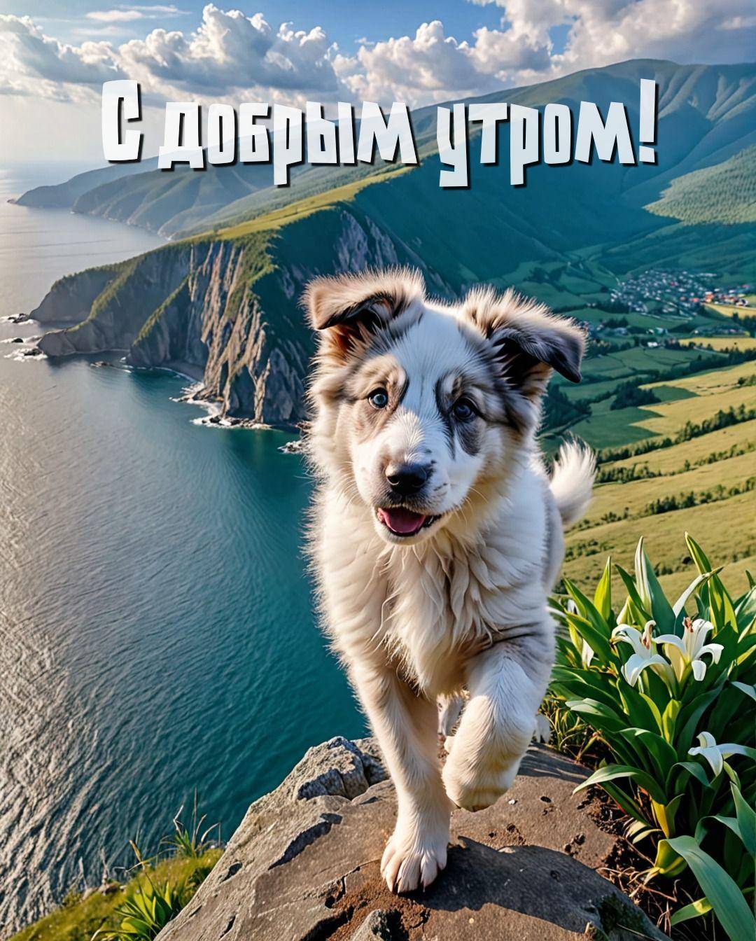Щенок на краю скалы с видом на море и холмы