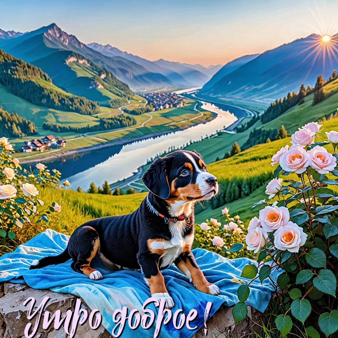 Щенок на одеяле на фоне пейзажа