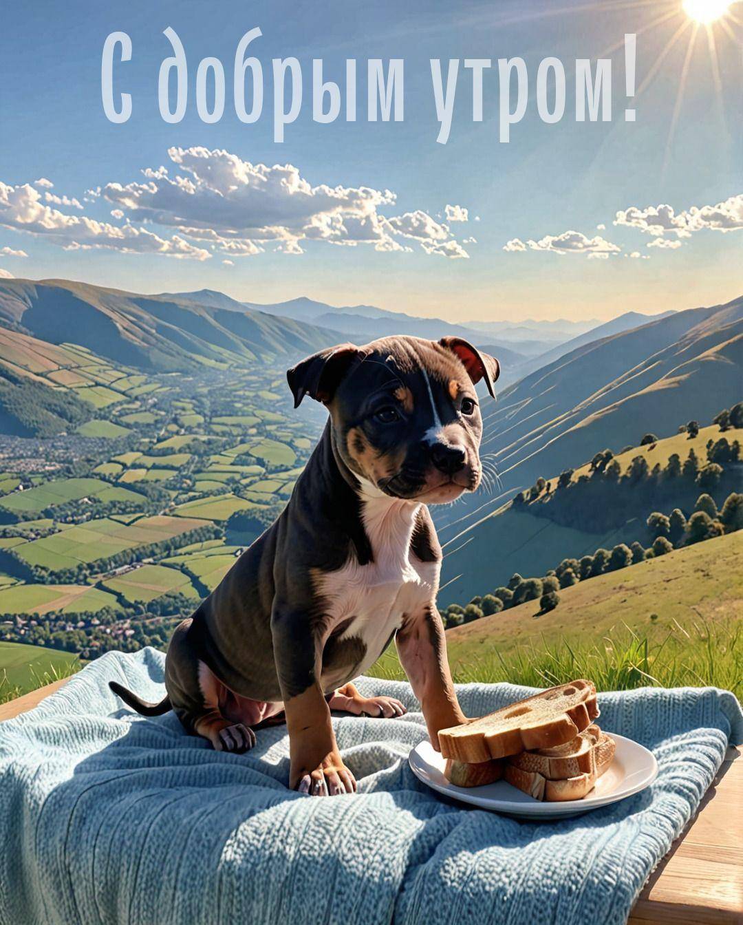 Щенок на одеяле с бутербродами на фоне гор
