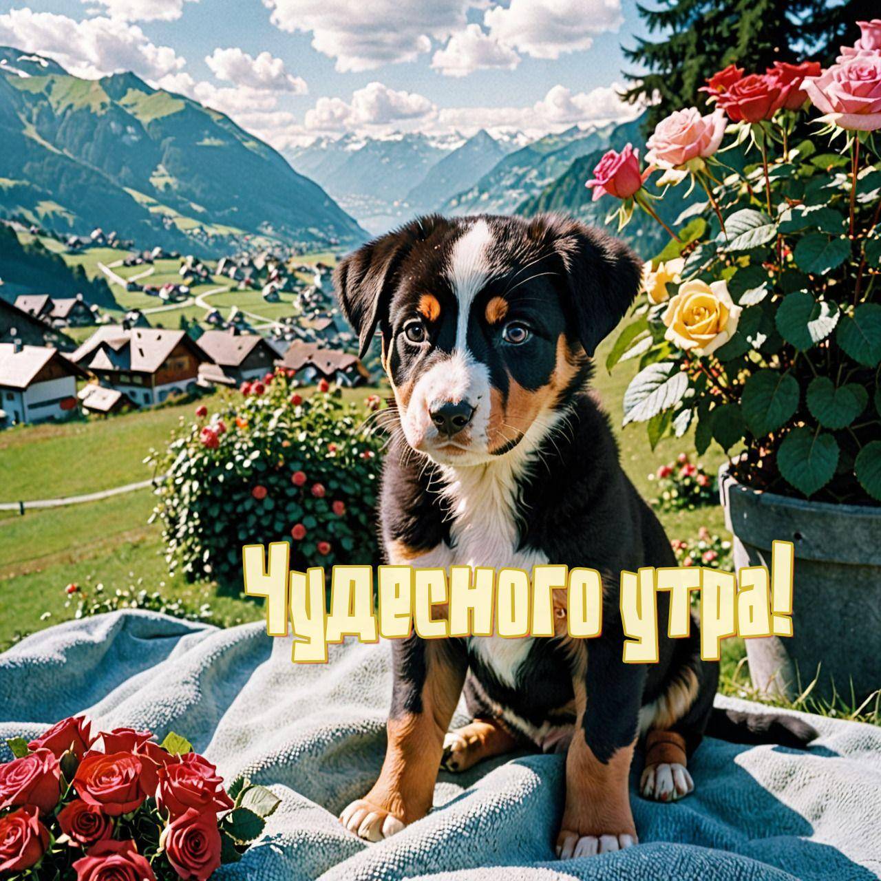 Щенок на покрывале на фоне гор