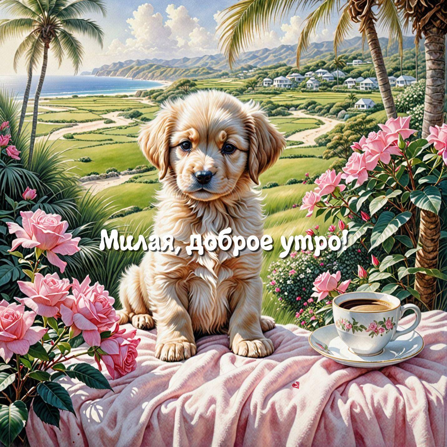 Щенок на розовом покрывале, чашка кофе