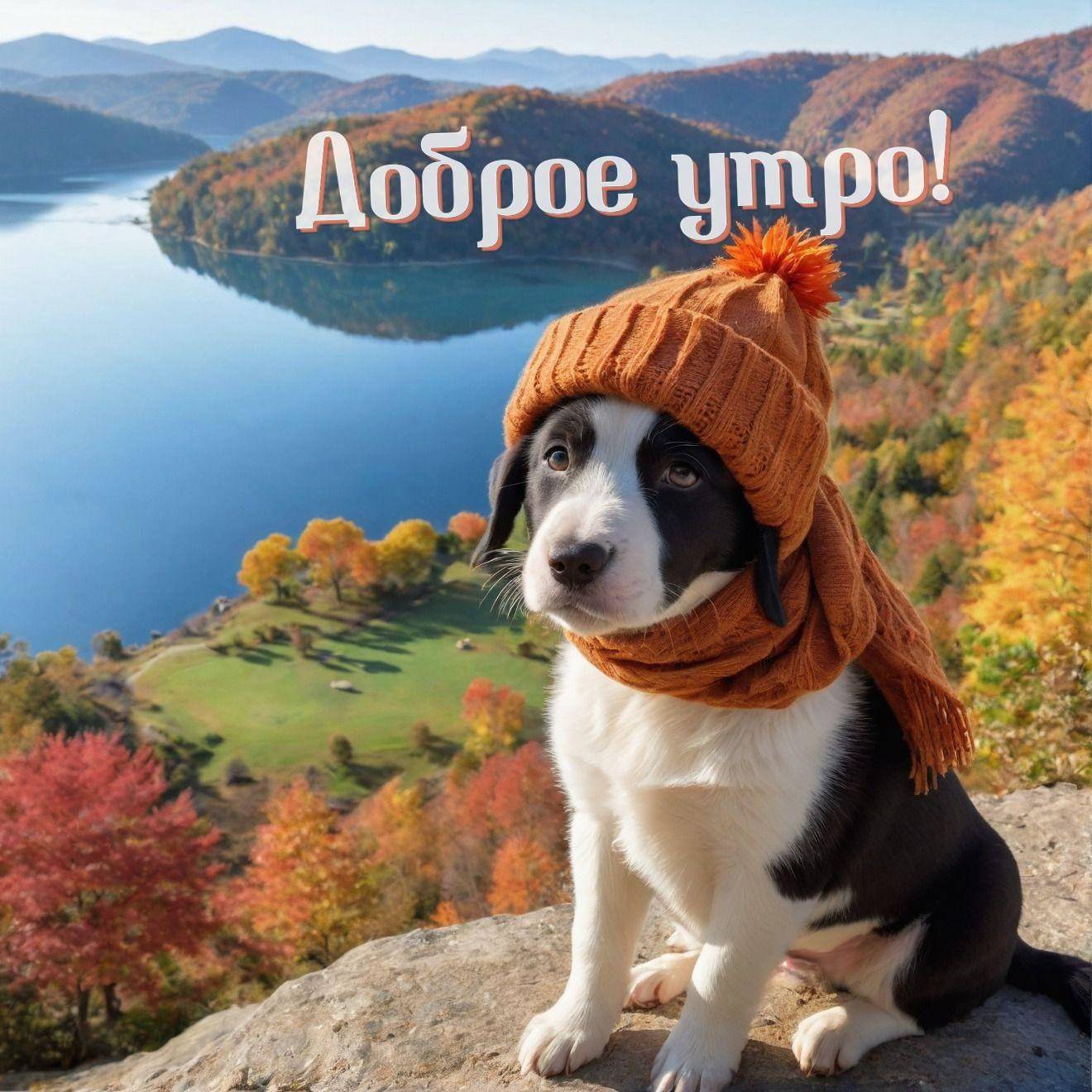 Щенок на скале в оранжевой шапке и шарфе