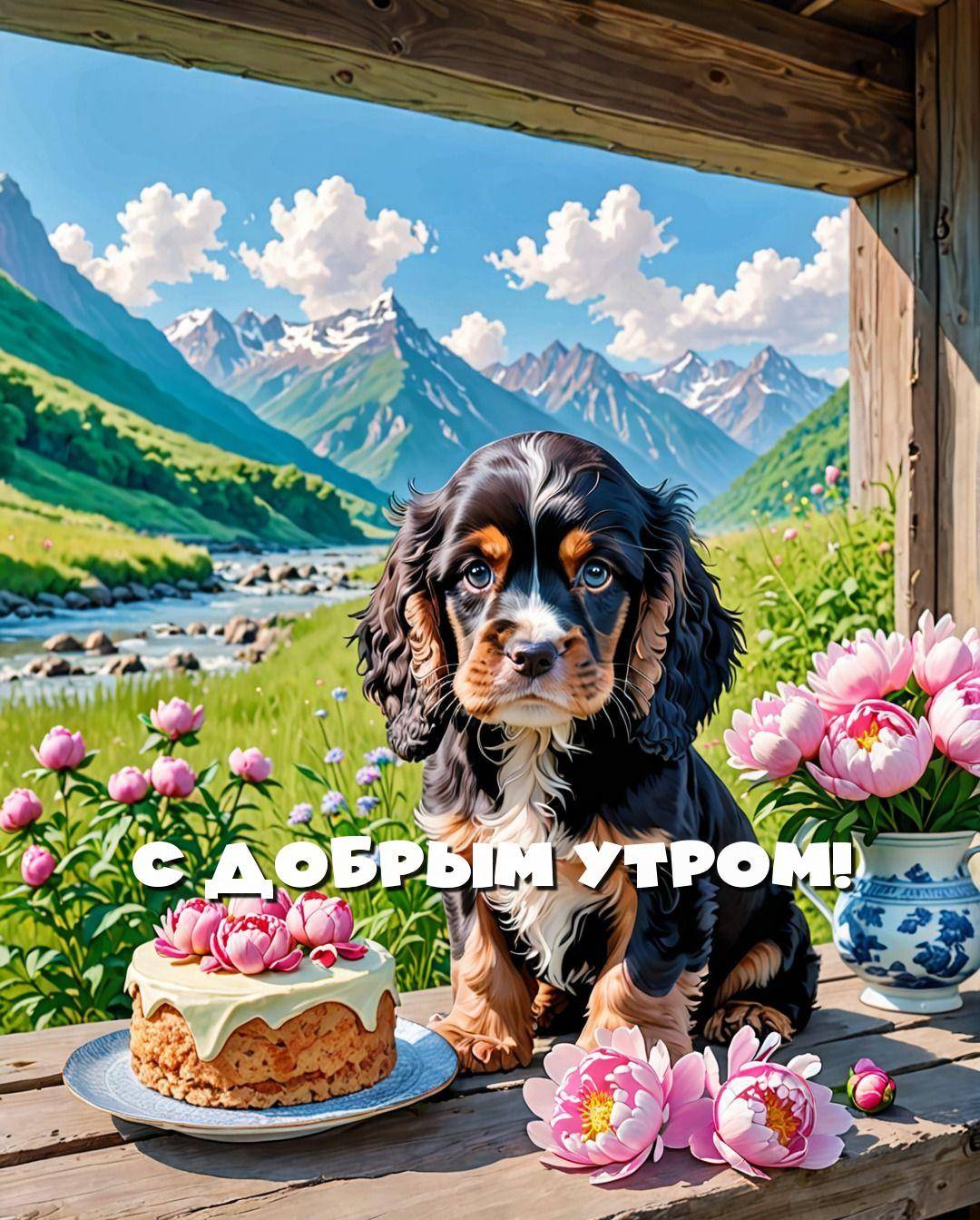 Щенок на столе с тортом и пионами, горы на заднем плане