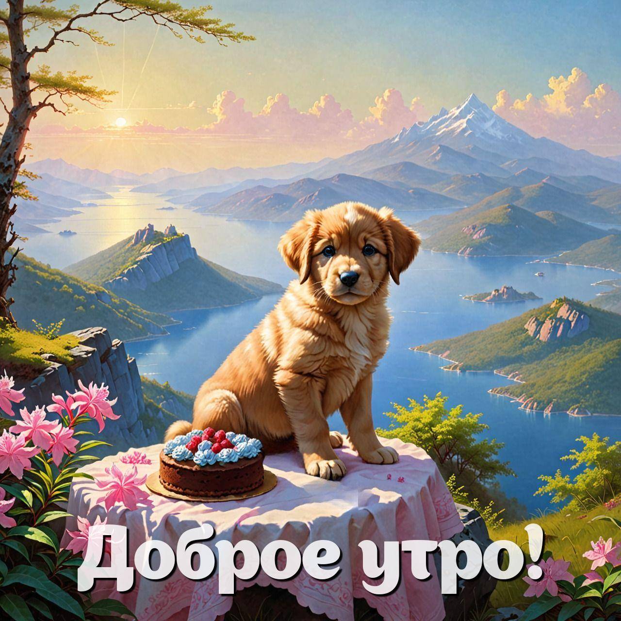 Щенок на столе с тортом и цветами