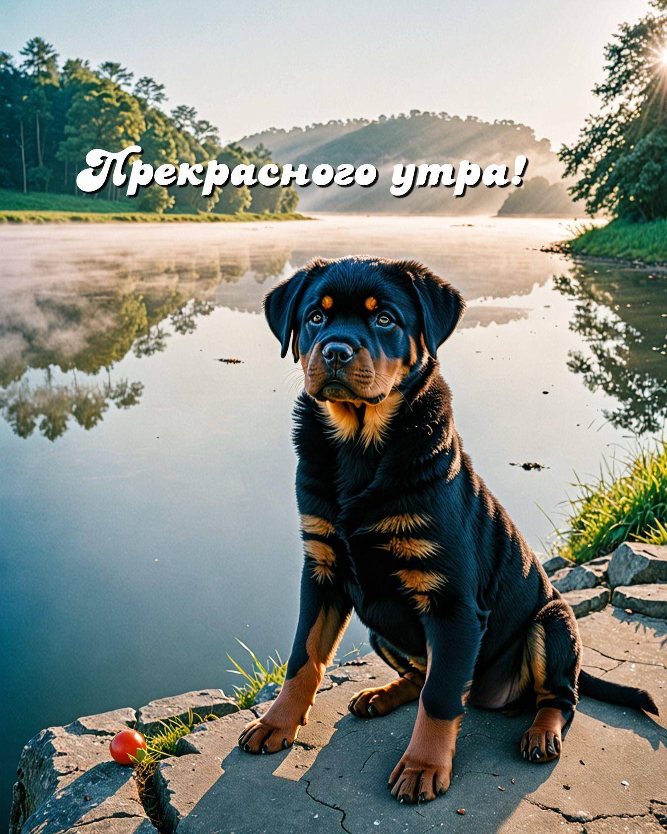 Щенок ротвейлера сидит на камнях у берега реки