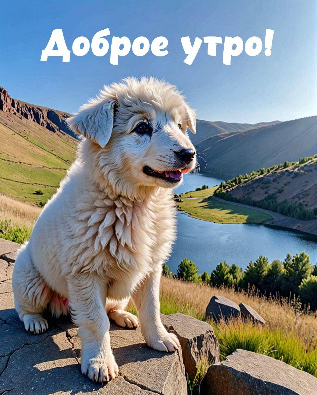 Щенок с белой шерстью сидит на камне. Горы и озеро на фоне