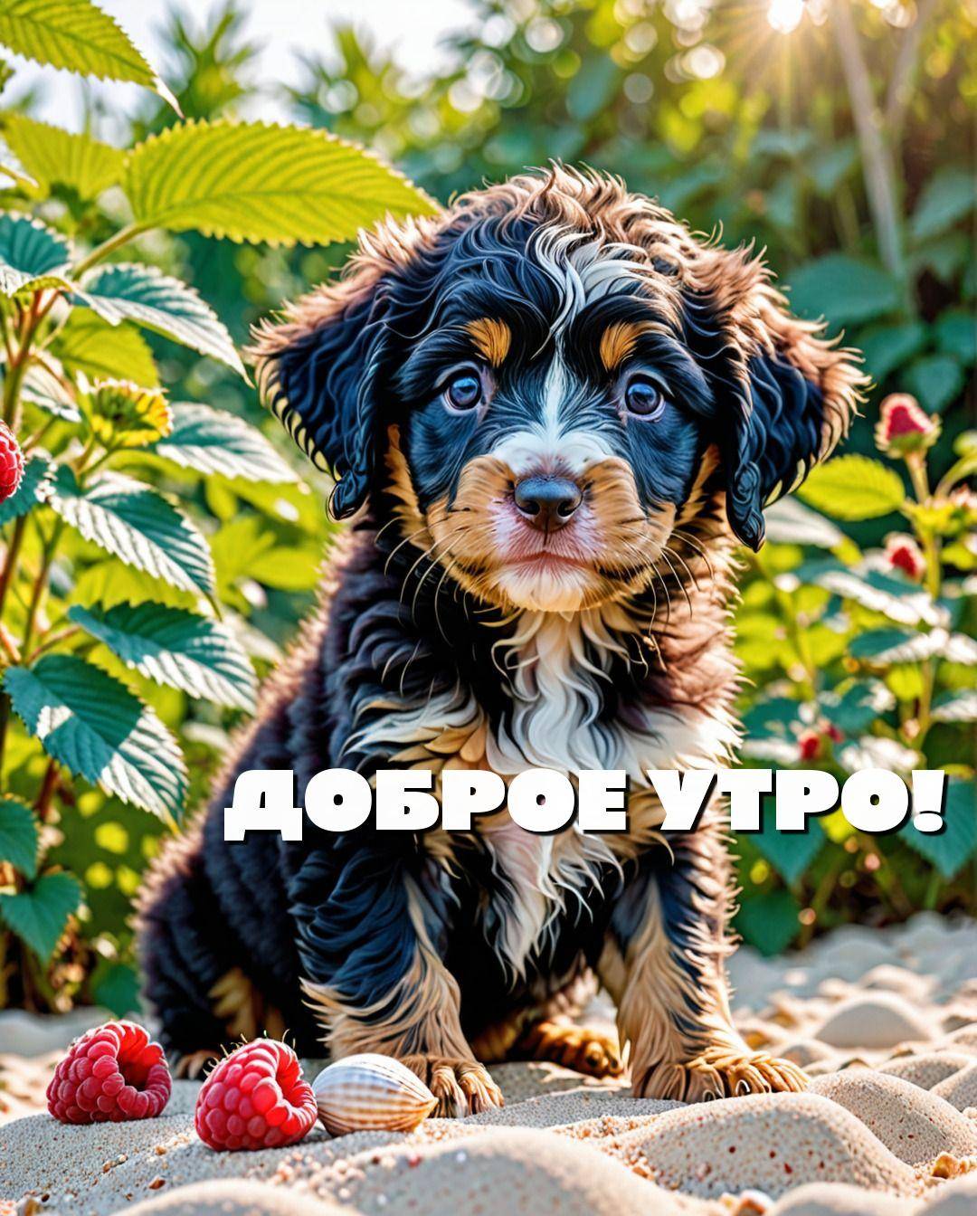 Щенок с длинной шерстью на песке, вокруг зелёные листья и ягоды.