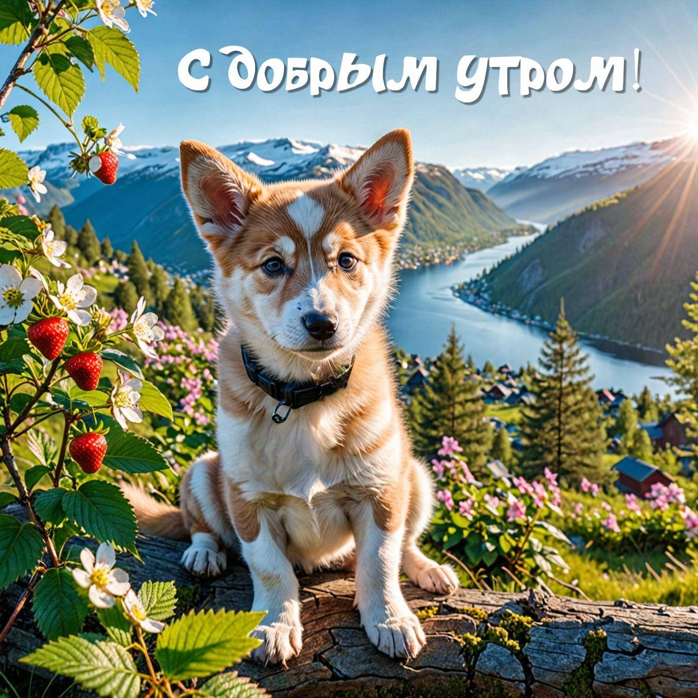 Щенок с рыже-белой шерстью на бревне