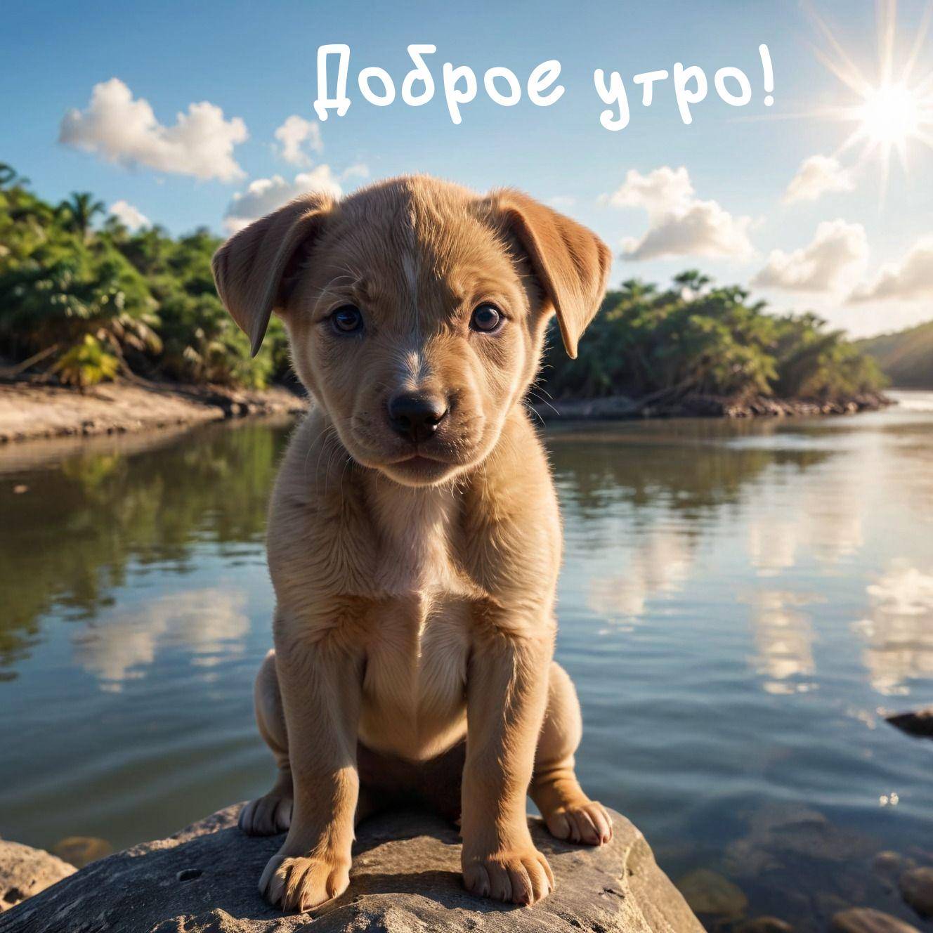 Щенок сидит на камне у воды