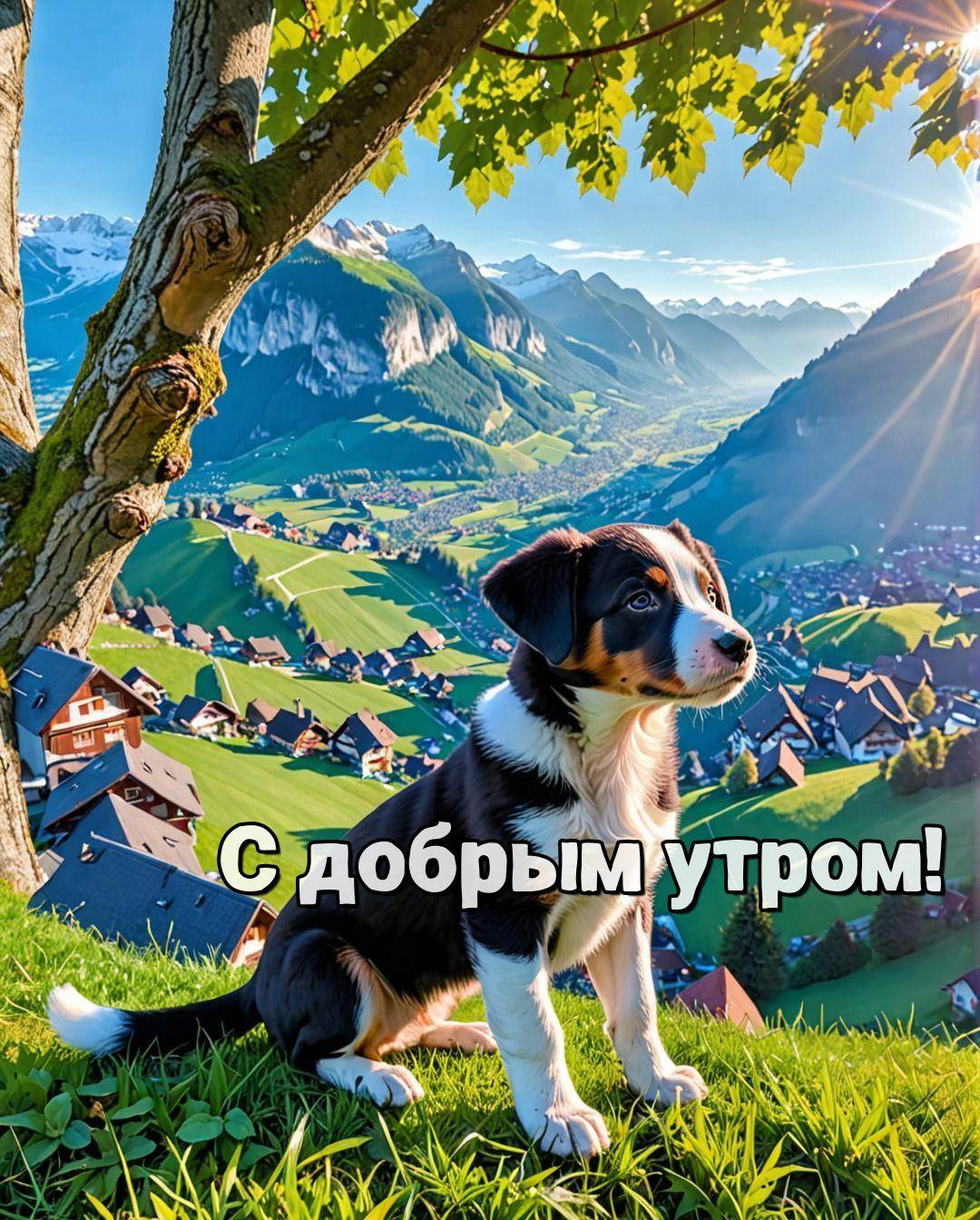 Щенок сидит в горах среди зелёных холмов и домов