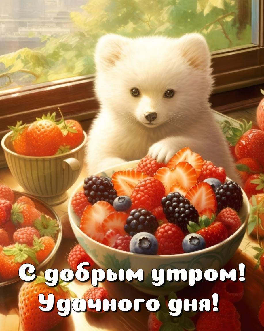 Щенок среди ягод на подоконнике утренним светом