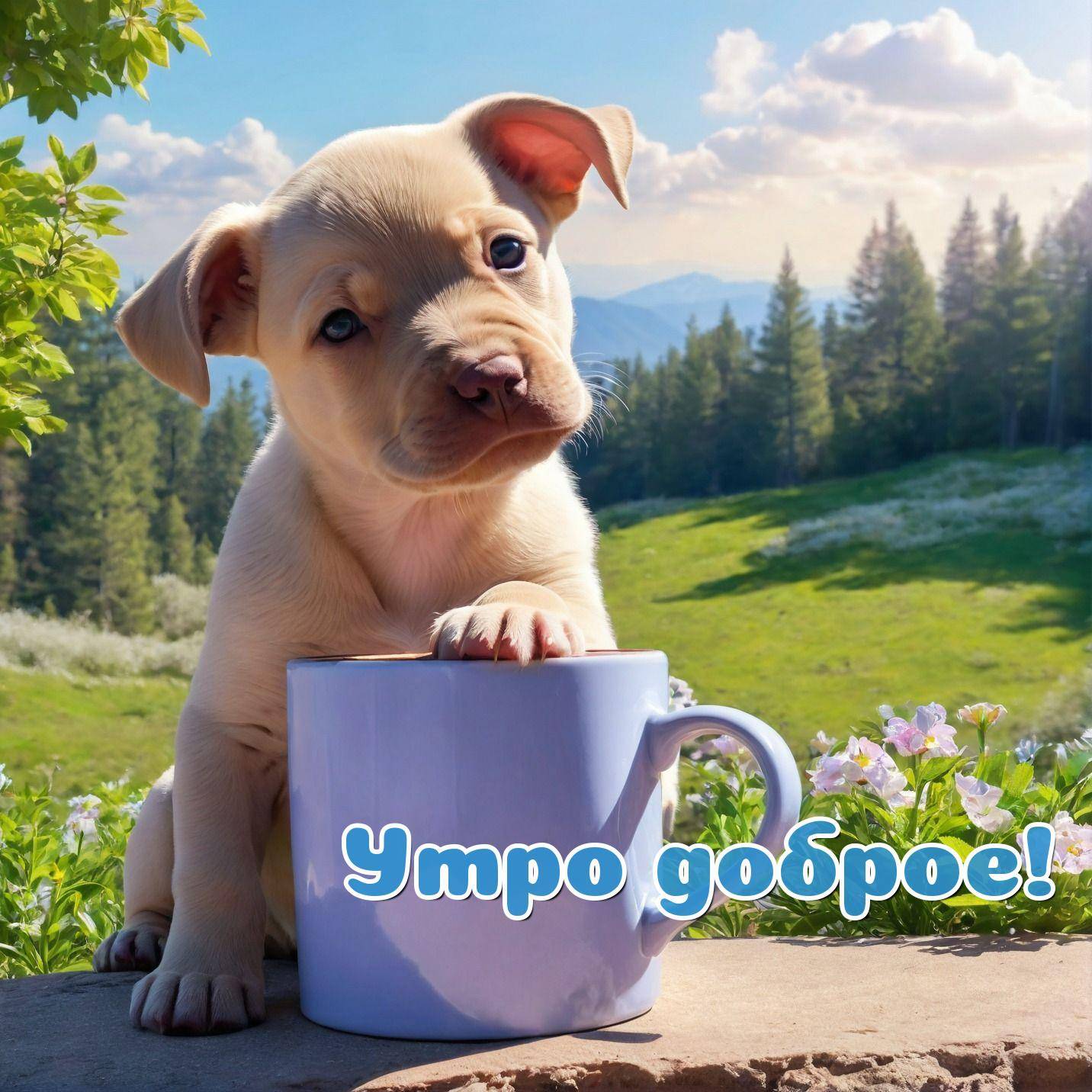 Щенок светлого окраса на улице с кружкой