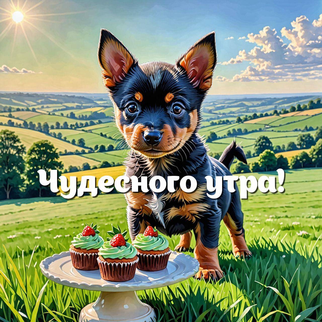 Щенок в поле с блюдом кексов