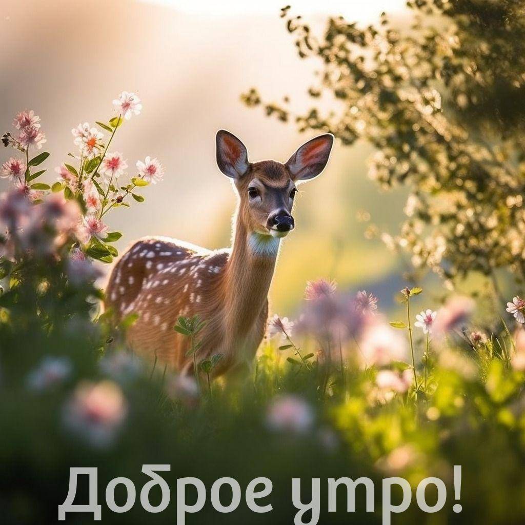 Сердитый олененок среди полевых цветов