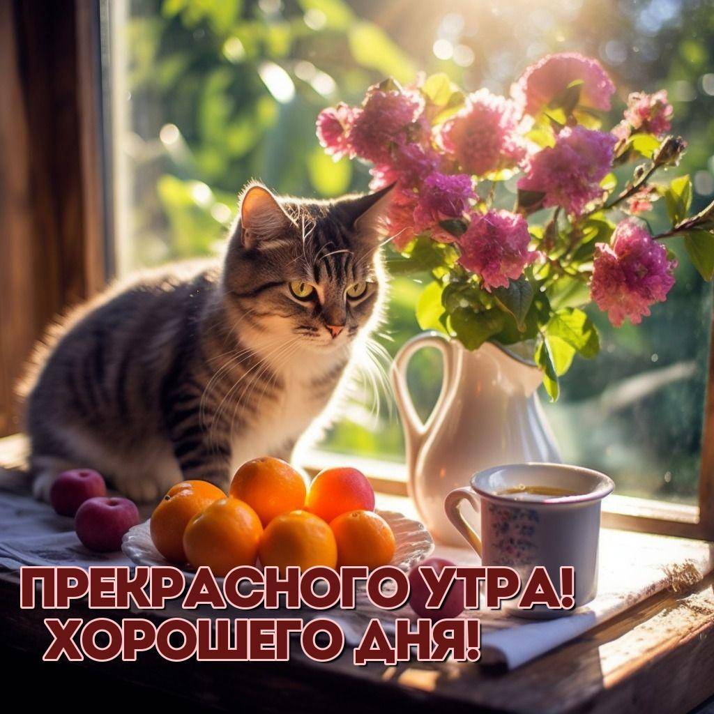 Серый кот на подоконнике с вазой и фруктами