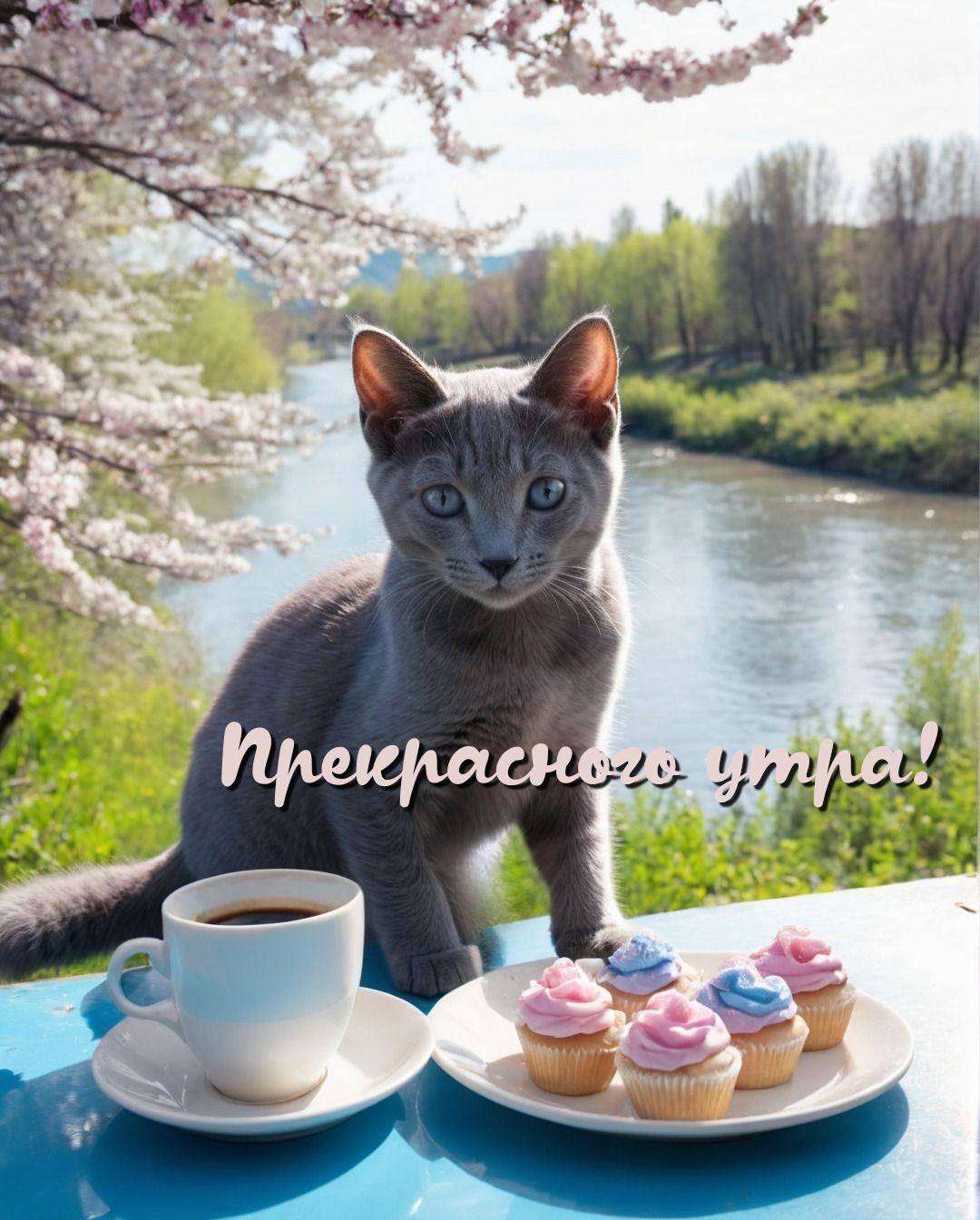 Серый кот на столе с кофе и кексами