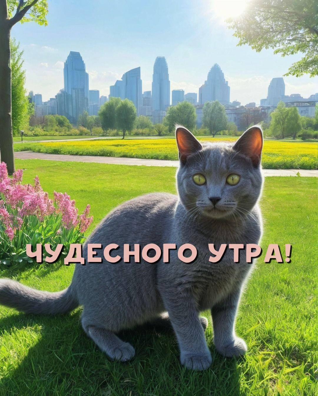 Серый кот на траве, здания и небо