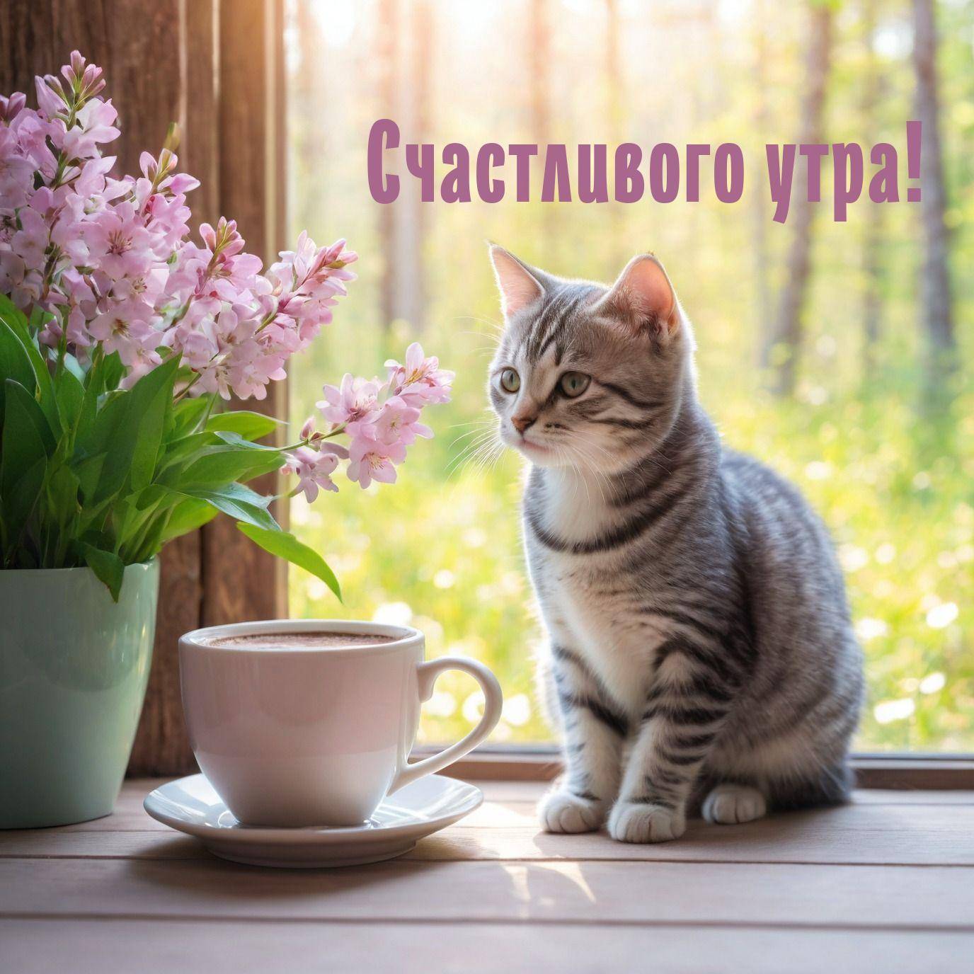 Серый полосатый котенок на подоконнике с чашкой