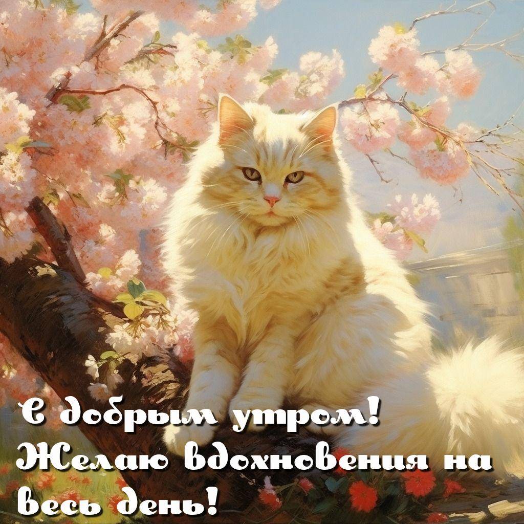 Шерстяная кошка на ветке дерева, розовые цветы
