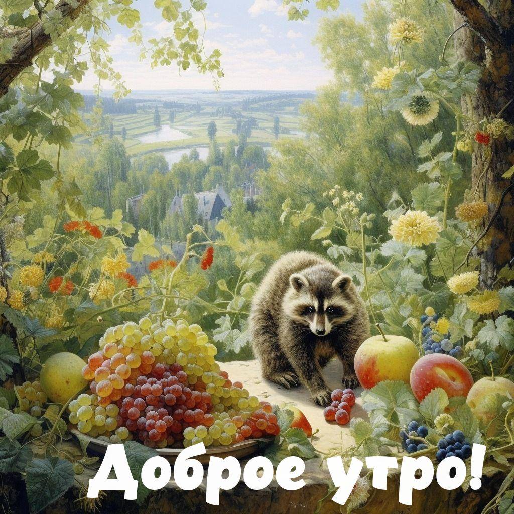 Симпатичный енот с фруктами на фоне природы