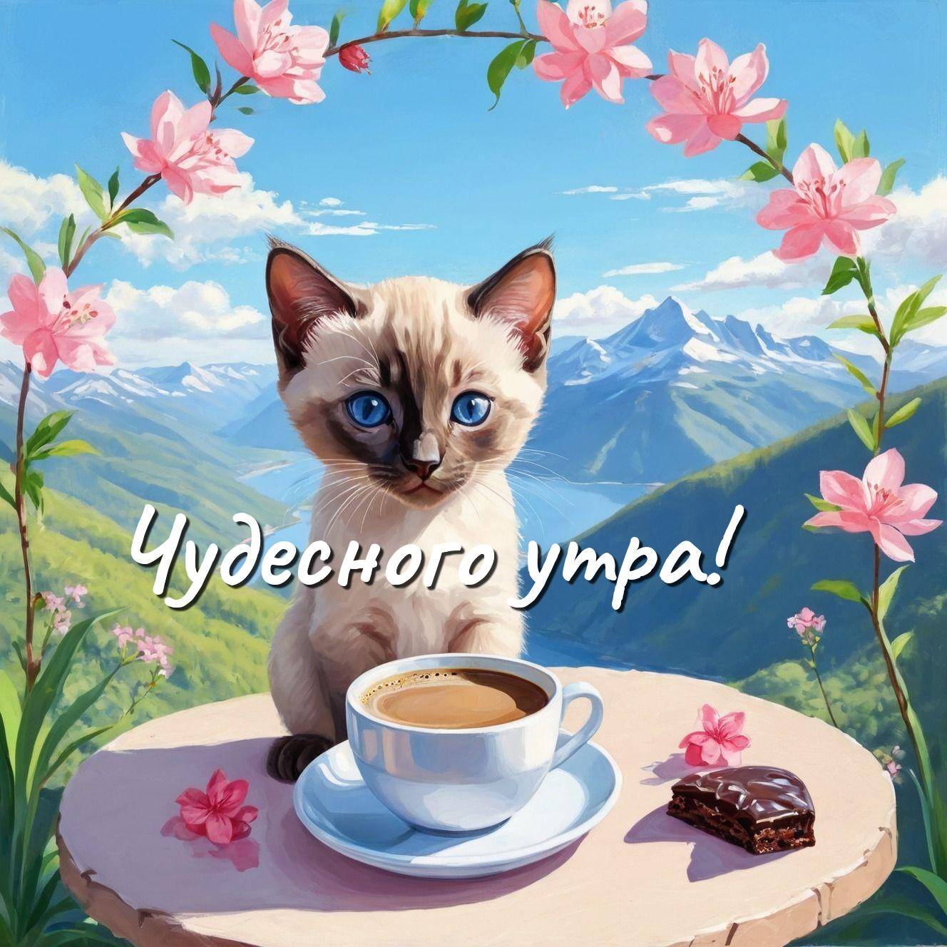 Симпатичный котёнок с голубыми глазами на фоне гор с цветами