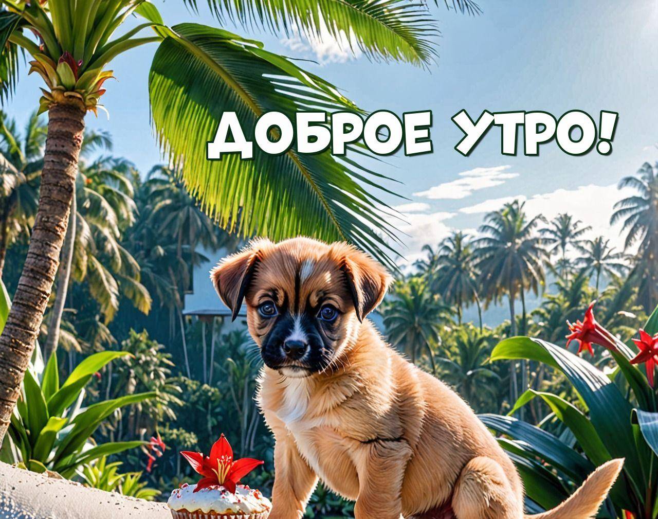 Симпатичный щенок на фоне тропического пейзажа