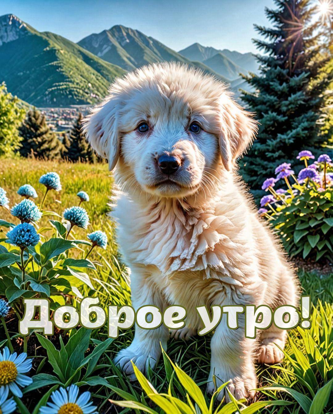 Симпатичный щенок в траве, цветы, горы
