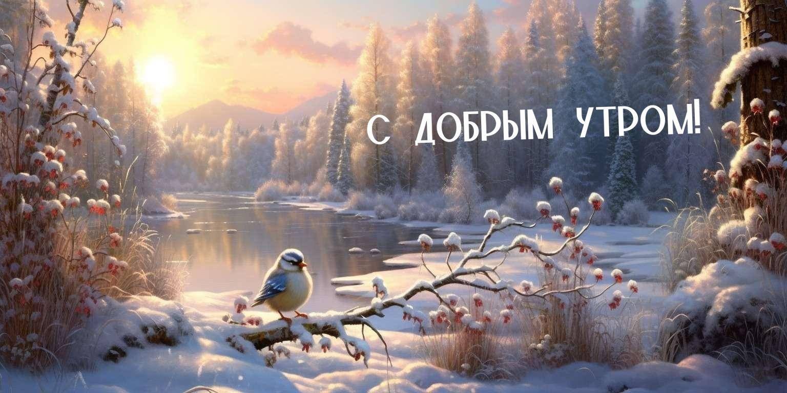 Синий птичонок сидит на заснеженной ветке с ягодами