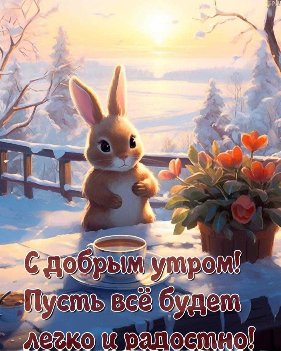 Снежные вершины деревьев под рассветом и заяц с кофе