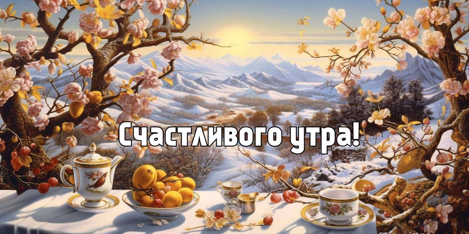 Снежные вершины, золотистые лучи солнца, абрикосовое дерево.