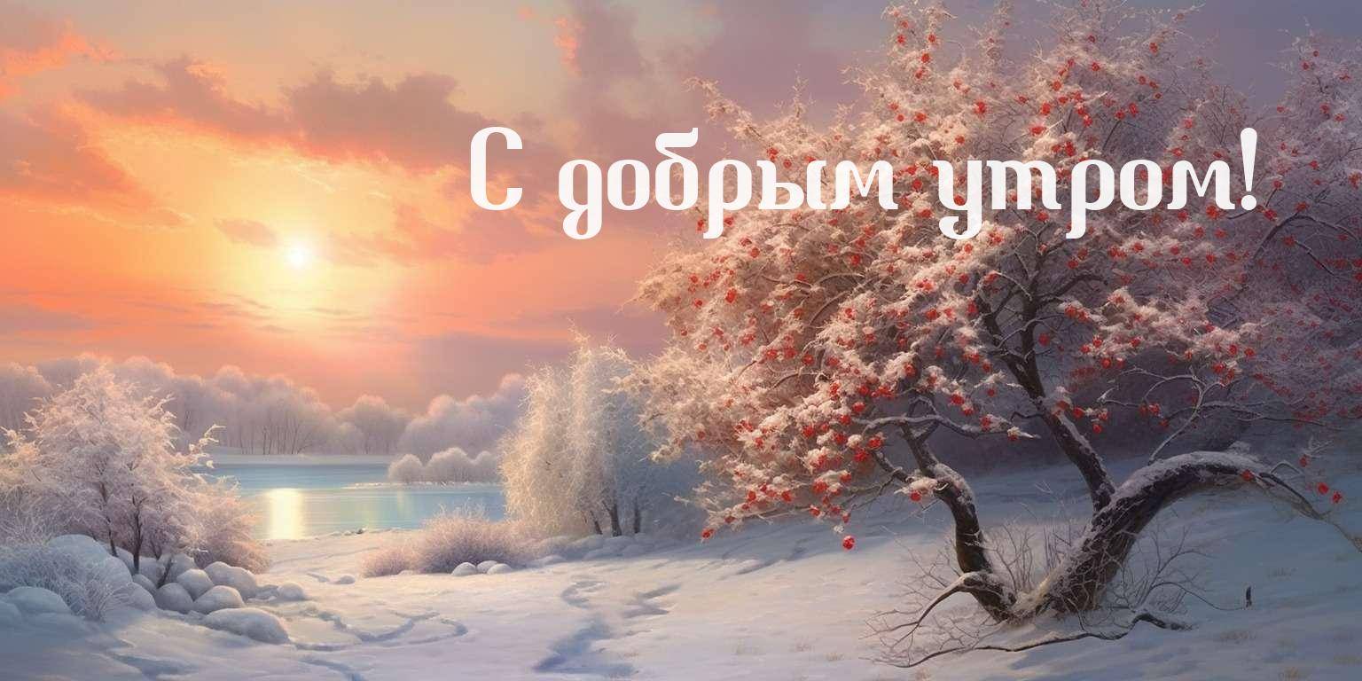 Снежный пейзаж на рассвете с деревом и озером