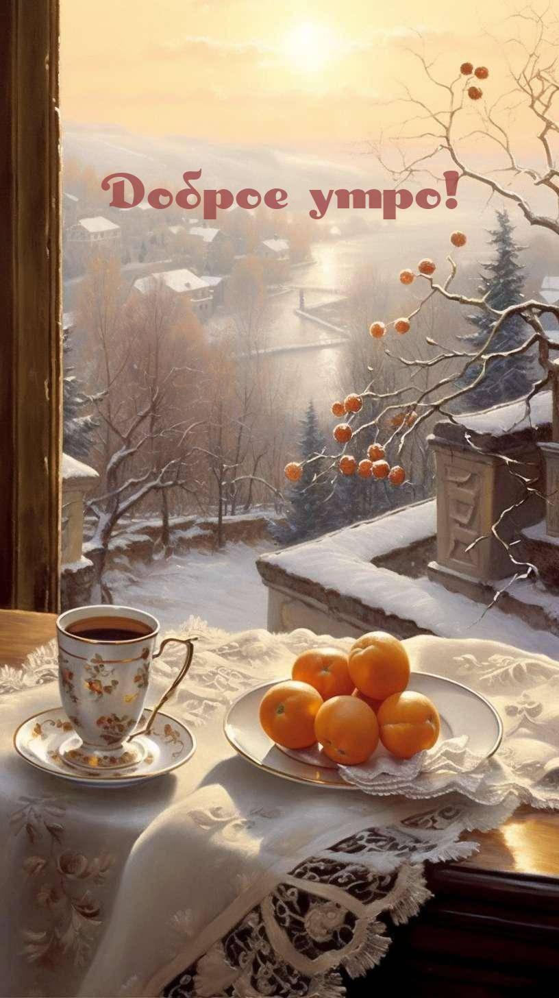 Снежный пейзаж с утренним светом и кофе на подоконнике