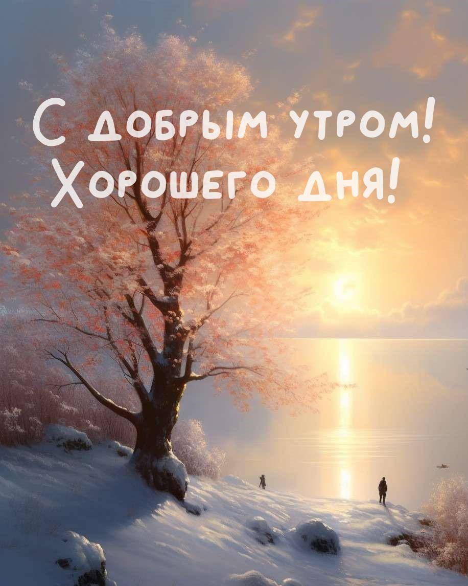 Снежный покров с деревом и восходящим солнцем